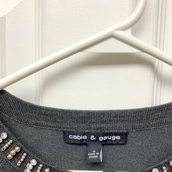 Cable and Gauge Charcoal Gray Cardigan, Beaded Neck, Festive Sweater, Size S - Picture 3 of 5